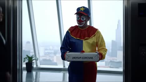 a unique encounter: a clown delivers documents in an office tower, merging humor and professionalism in a surprising workplace scenario