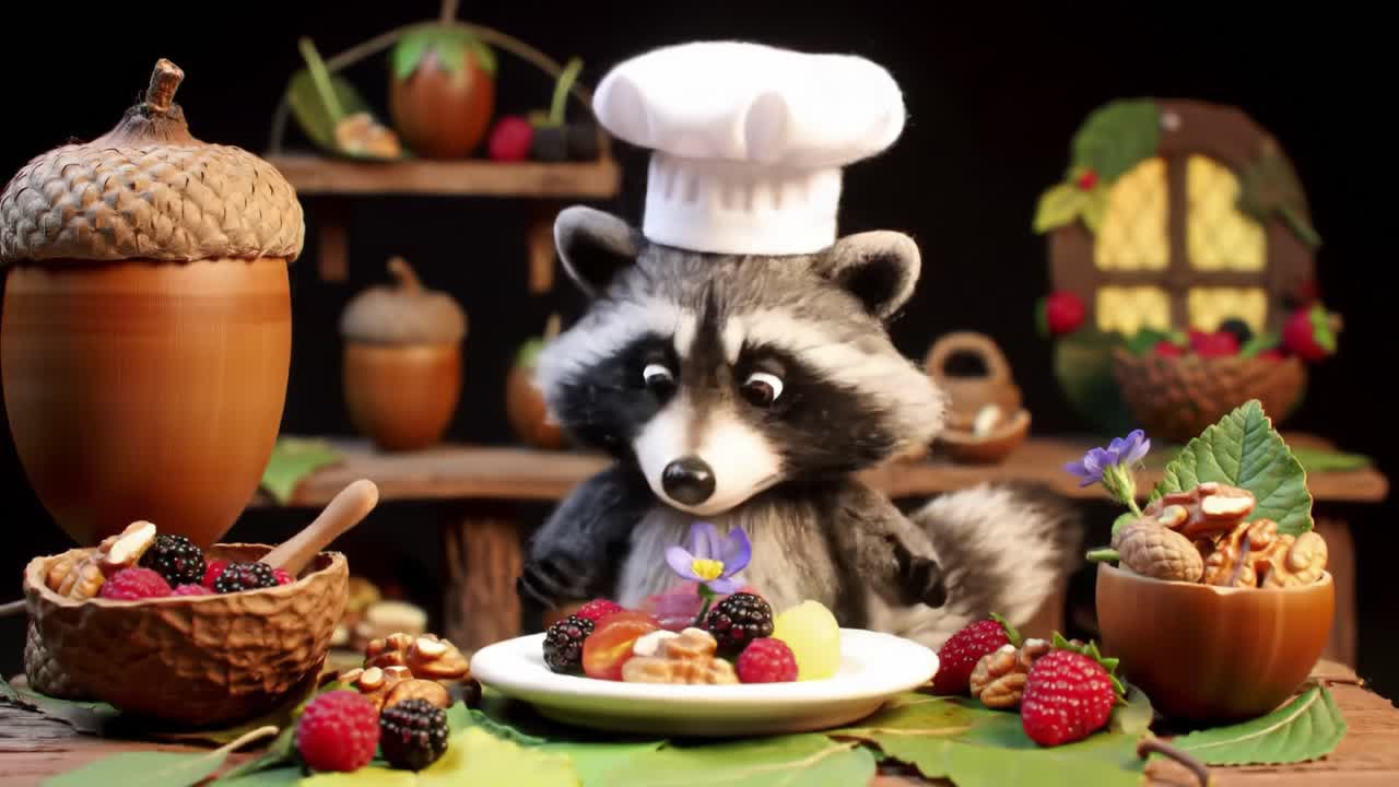 A Culinary Adventure Featuring a Whimsical Raccoon Chef Creating Delicious Dishes Surrounded by an Abundance of Fresh Fruits and Nuts in a Cozy Kitchen Setting
