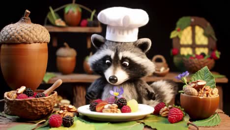 a culinary adventure featuring a whimsical raccoon chef creating delicious dishes surrounded by an abundance of fresh fruits and nuts in a cozy kitchen setting