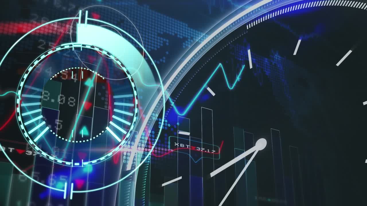 Digital video showcases global economy through data and graphs on a world map