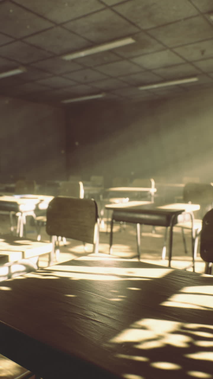 Sunlight streaming through a dusty classroom filled with empty desks and chairs