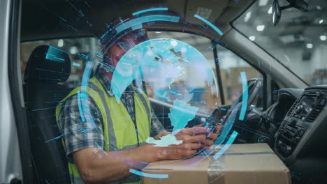 delivery driver utilizing global logistics technology in van