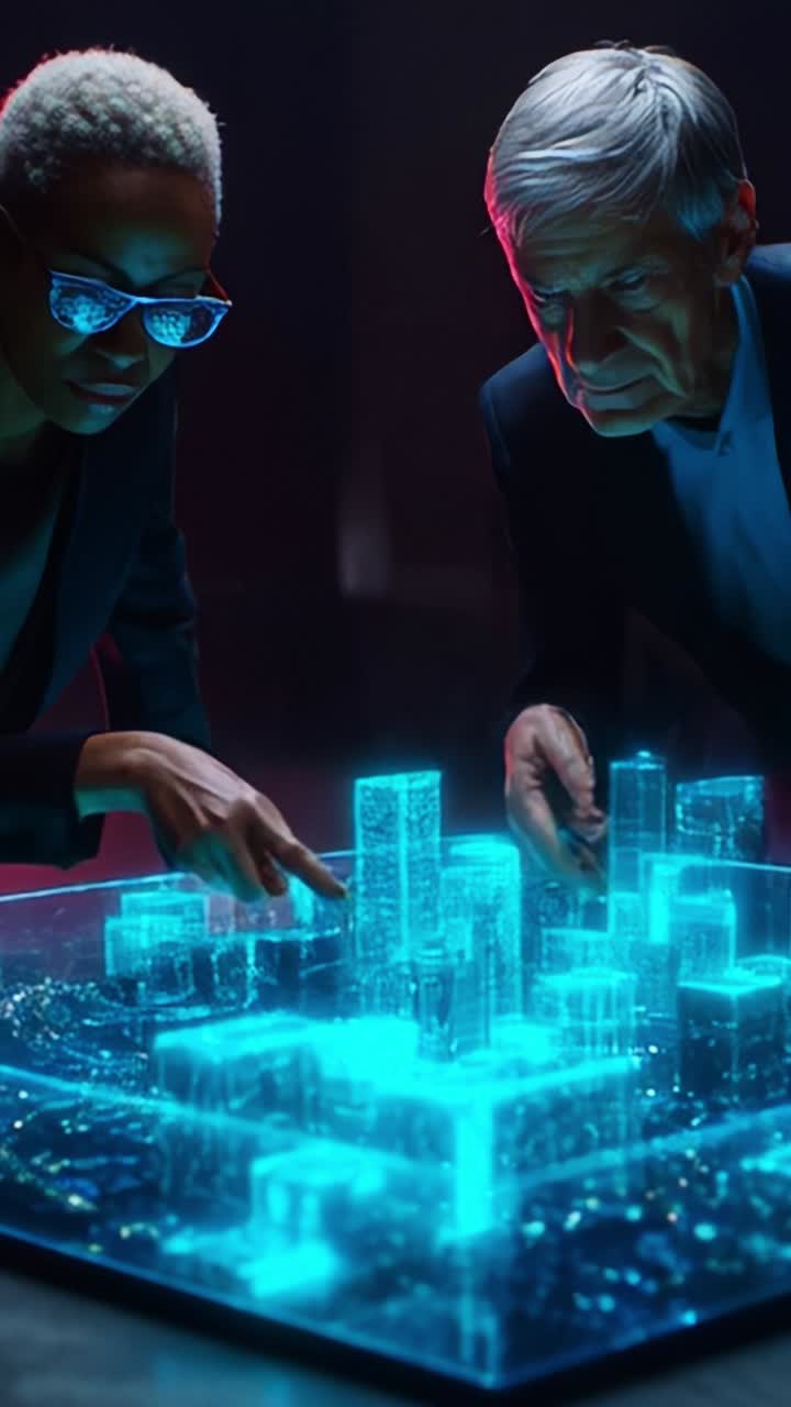 Innovative Minds Collaborating on a Futuristic Holographic City Model with Dynamic Lights and Details in an Engaging Technology-Driven Environment