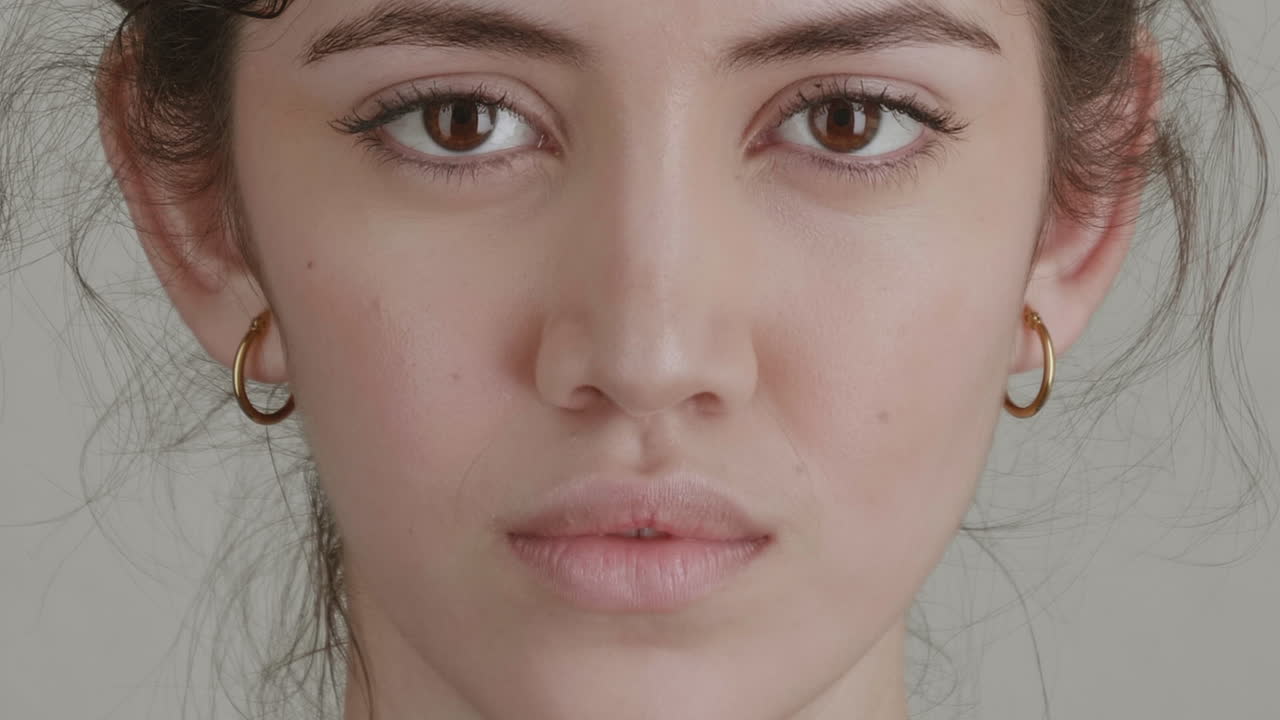 High-quality 4K footage of a serene young woman with gold hoops looking straight into the lens against a grey backdrop. Ideal for identity, cosmetic, and modern wellness advertising
