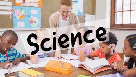 animation of science text and question marks over diverse schoolchildren with teacher in classroom