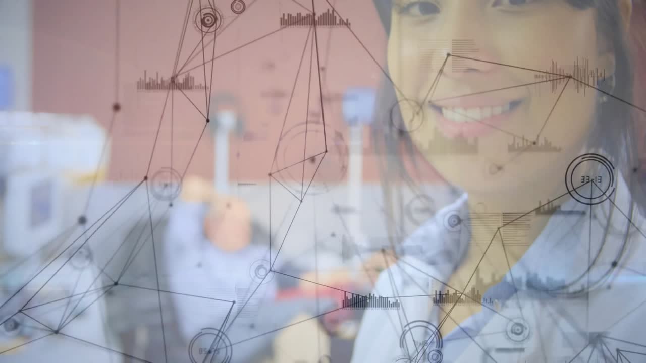 Female doctor tapping smartphone, opening pulsing network overlay in medical lab turning smiling