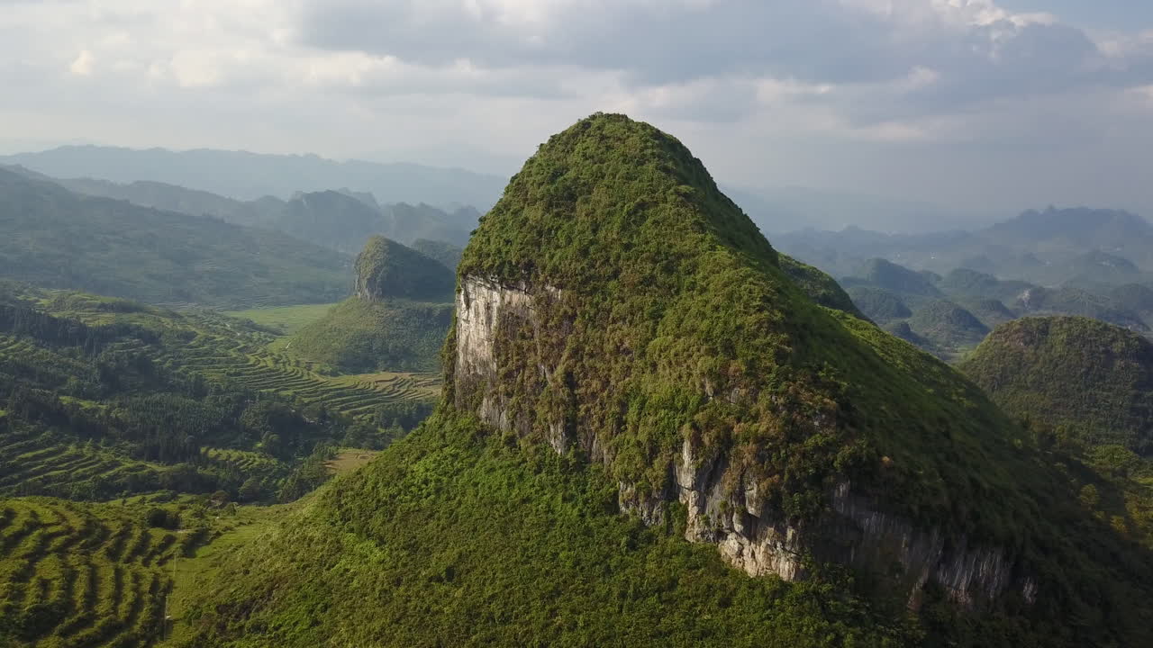 Scenic aerial of Chinese mountain landscape with rice paddy fields