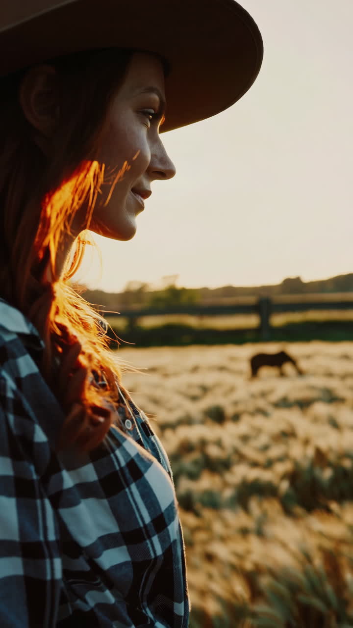 mujer caminando en un campo de trigo al atardecer