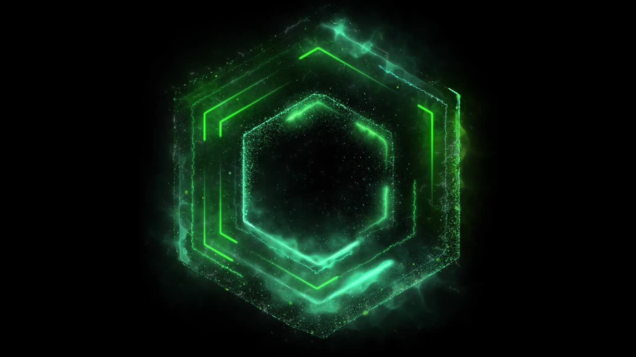 bucle sin costuras. animación de un portal hexagonal con color cambiante formado por partículas y rastros de energía aislados en fondo negro con alpha luma matte vfx cg 4k. puerta espacial. ciencia ficción. futurista.