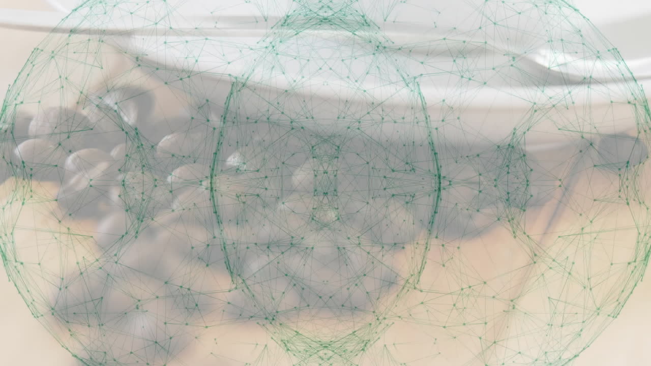 Displaying coffee bean cluster on wooden surface in 3D render, featuring green network overlay