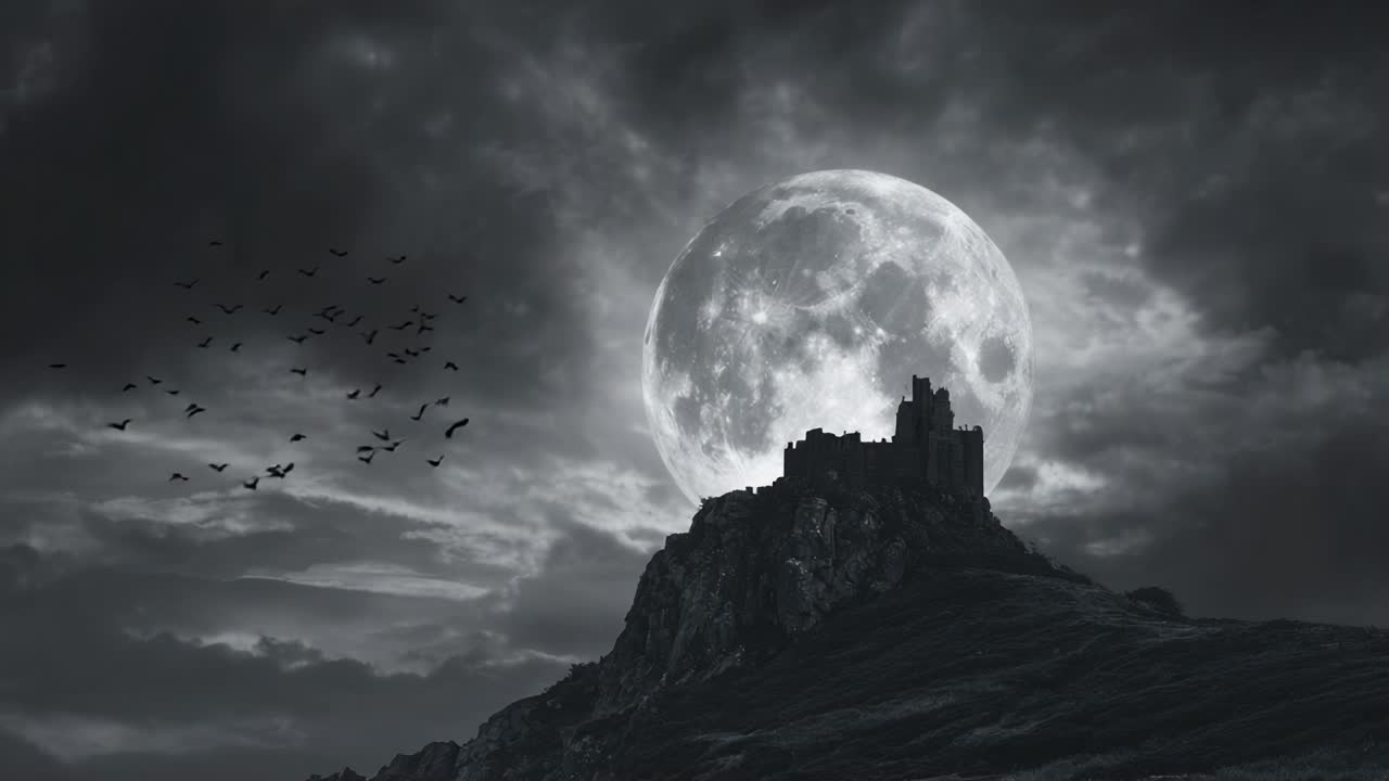 Una maestosa luna piena illumina un'antica fortezza su una collina rocciosa contro un cielo oscurato, creando un'atmosfera enigmatica e misteriosa.