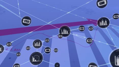 Animación-De-La-Red-De-Iconos-Digitales-Y-Procesamiento-De-Datos-Estadísticos-Sobre-Fondo-Azul