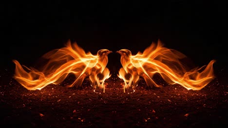 A breathtaking portrayal of fiery birds, elegantly formed from vibrant flames, symbolizing rebirth and transformation amidst a backdrop of darkness