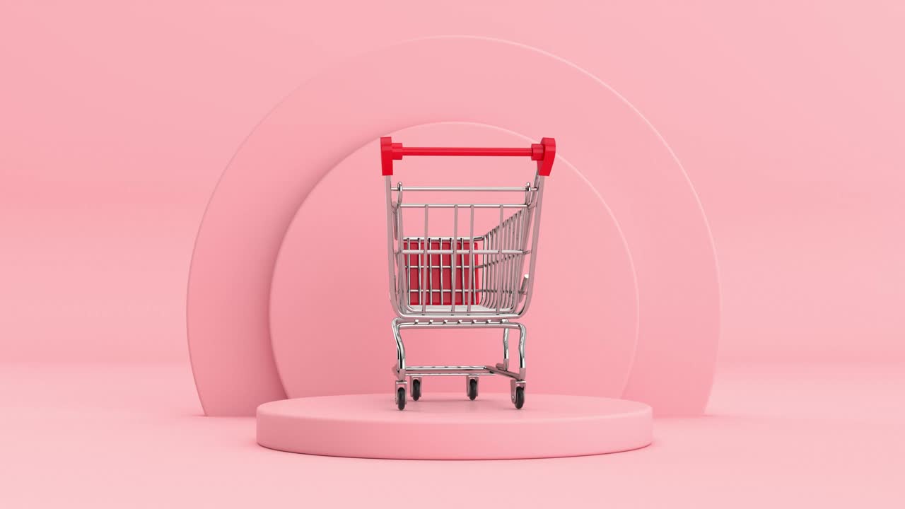 video de resolución 4k: carrito de compras girando sobre cilindros rosados productos pedestal de escenario en una animación de bucle de fondo rosado