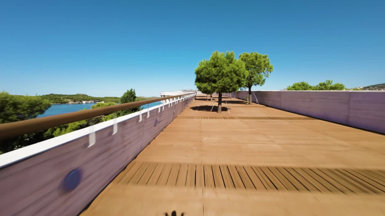 Wooden rooftop with trees of D-Resort in Sibenik, aerial drone view