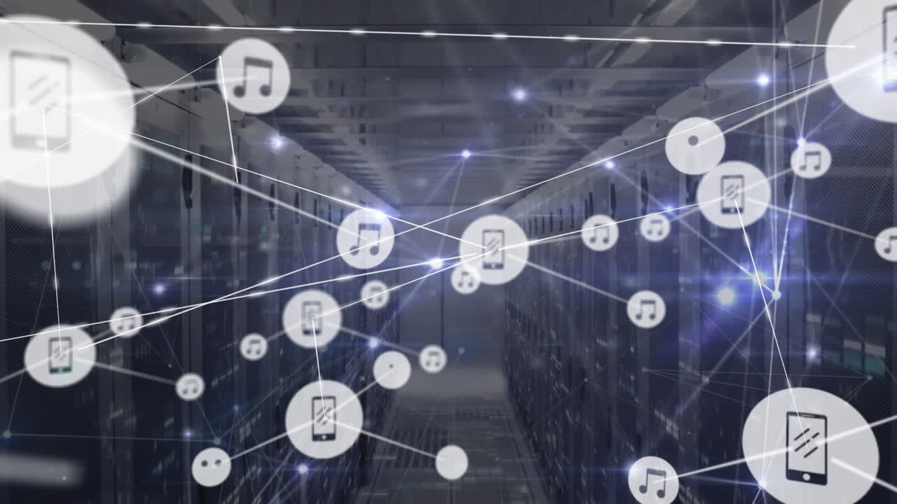 Animation of network of connections and data processing over server room