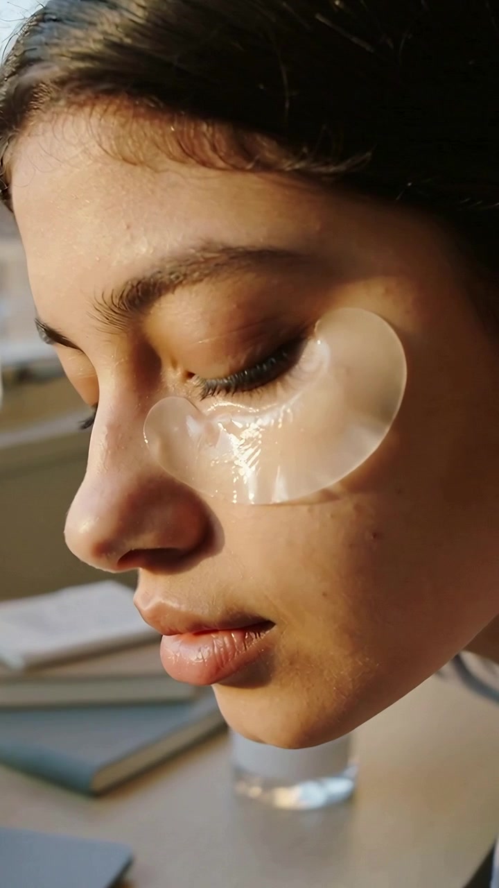 Vertical video: Tightening camera framing woman sitting desk by window with eye patch for skincare