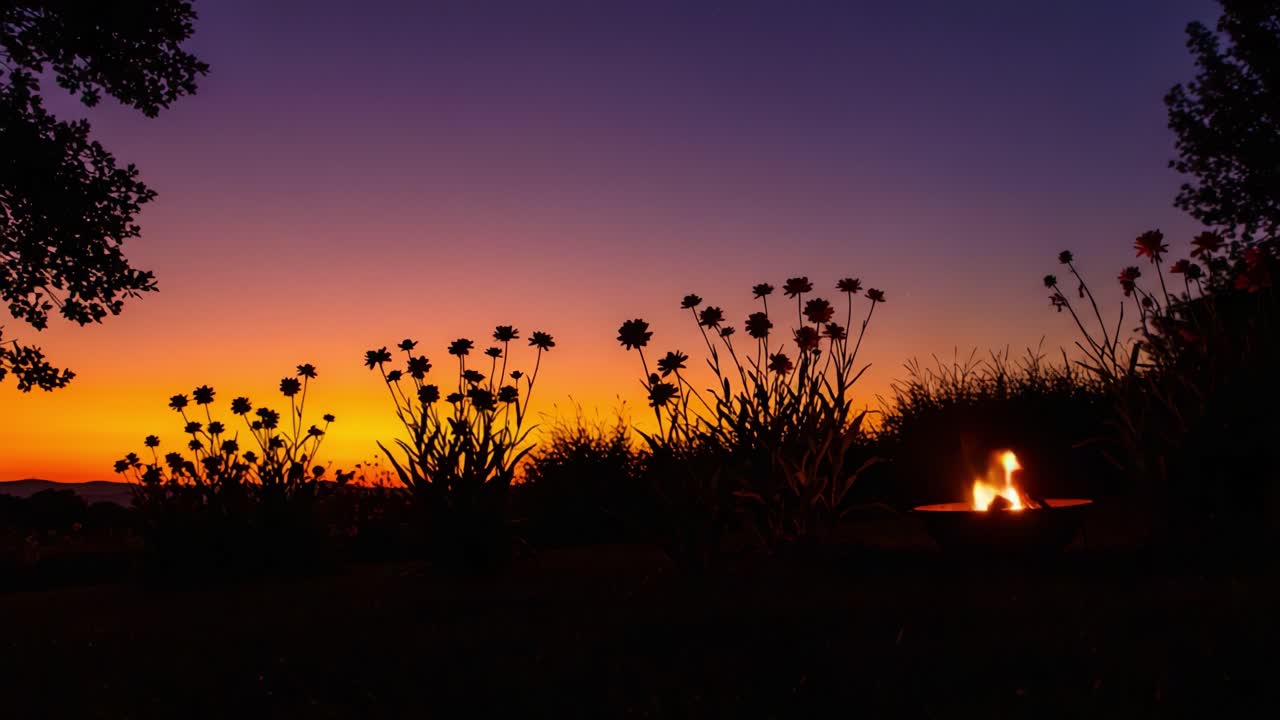 A Serene Sunset Overlooking a Tranquil Garden, Featuring a Flickering Campfire Amidst Silhouetted Flowers and a Colorful Horizon