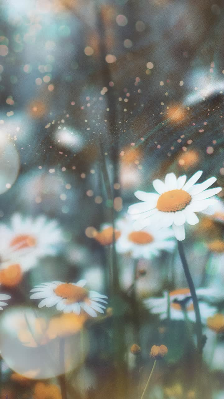 A dreamy, close-up video shot of daisies with a soft focus and bokeh effect, capturing a serene