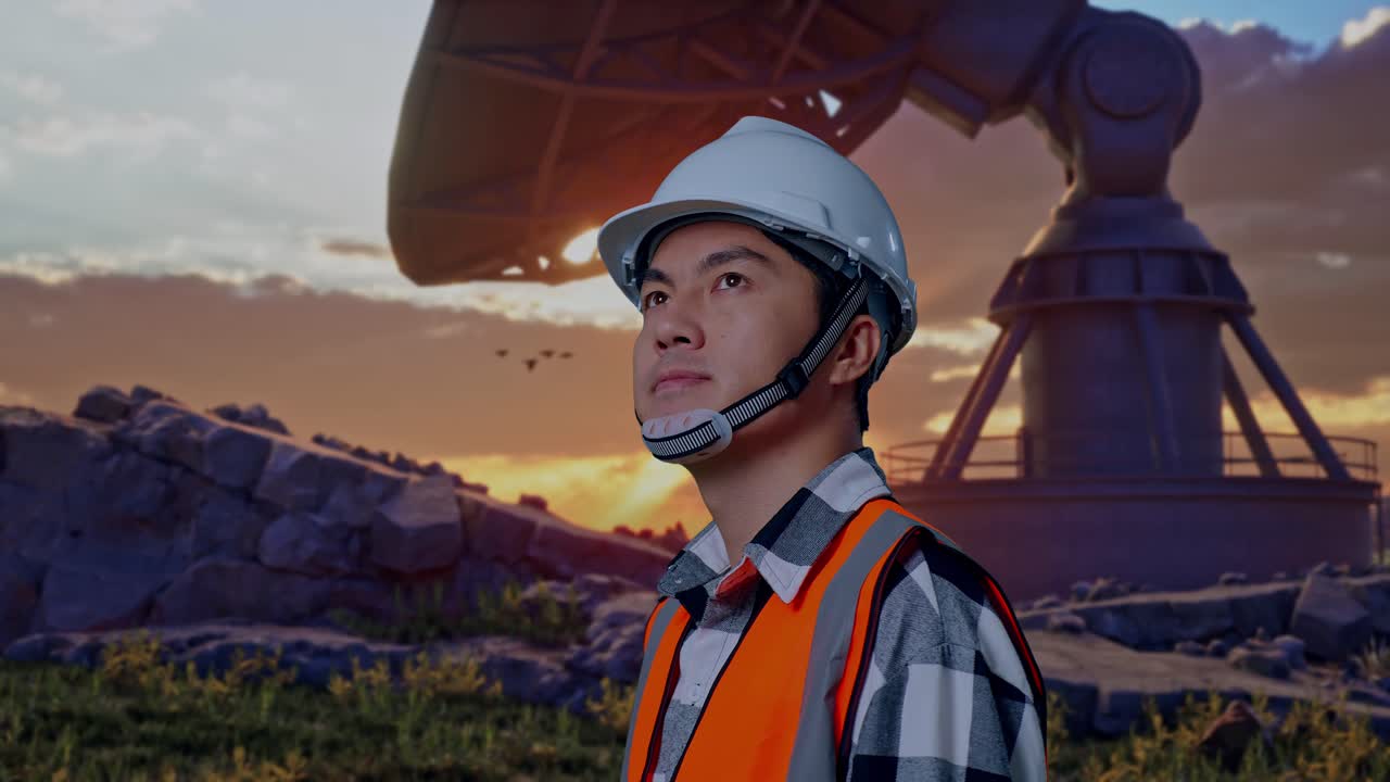 Close Up Side View Of Asian Male Engineer With Safety Helmet Looking Around While Standing With Large Satellite Dish
