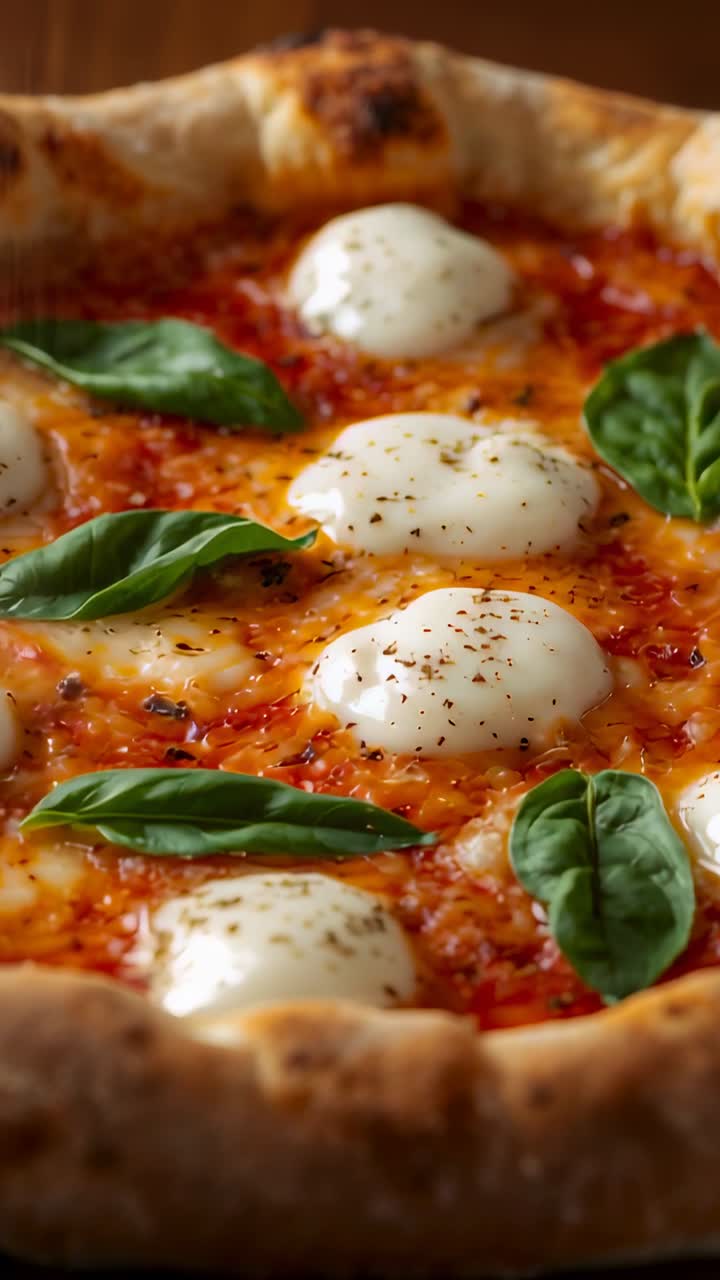 Video verticale: la camera zooma su una pizza margherita sul bancone, mostrando cupole di mozzarella e basilico