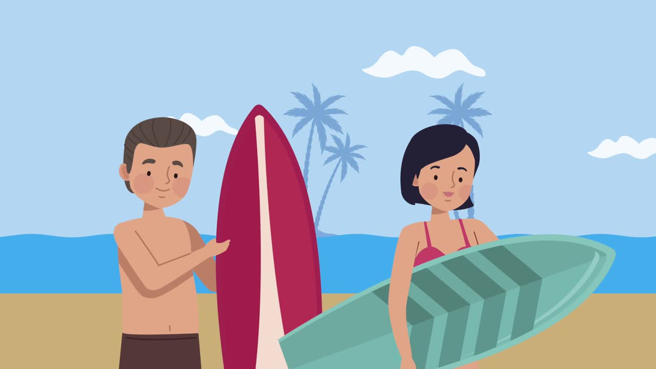 surfers couple with surfboards on the beach scene