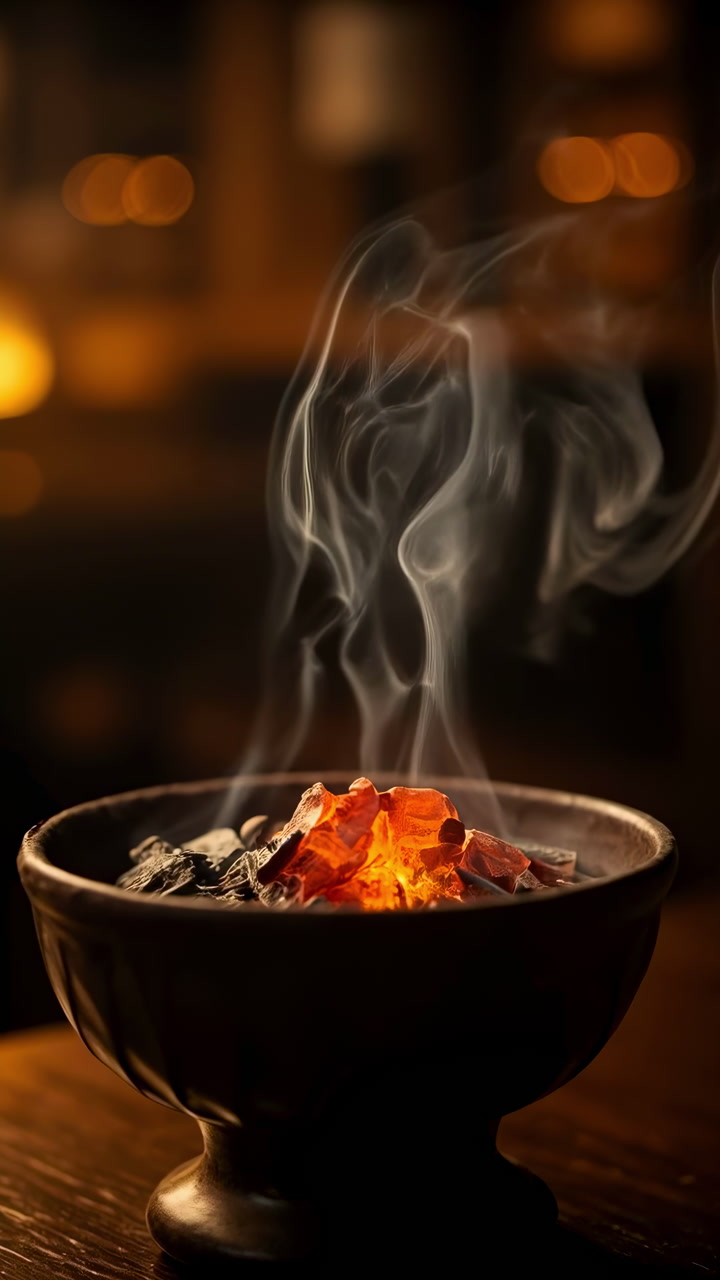 Smoldering Charcoal In Ceramic Bowl With Rising Smoke Tendrils And Glowing Embers Against Blurred Bokeh