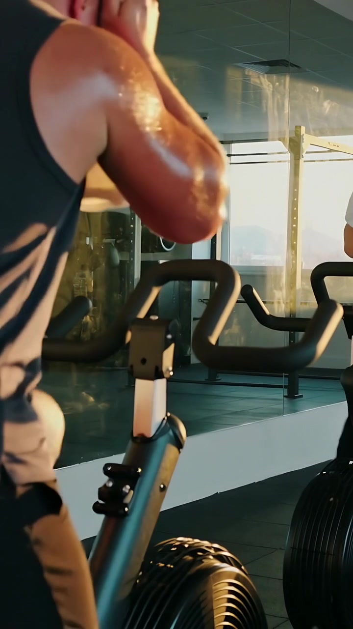 Video verticale: Inizio, uomo che pedala e si asciuga il sudore con un asciugamano bianco su una cyclette ad aria in palestra, in canotta.