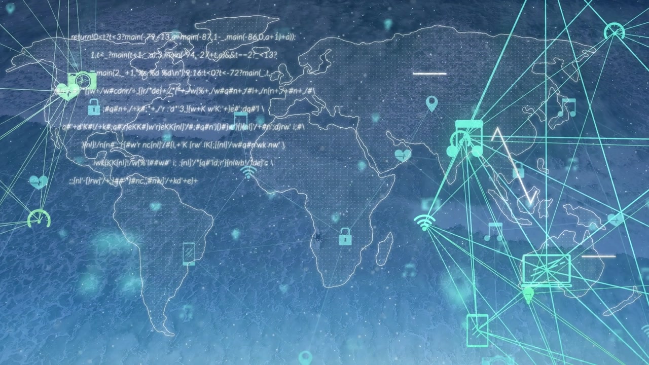 Animation of data processing with world map over network of connections on blue background