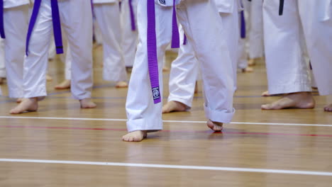 barefoot practicing kicks at karate training. the legs of young athletes doing exercise standing on wooden floor.