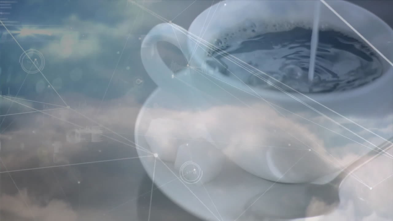 White ceramic coffee cup showing milk pouring into dark coffee, floating above 3D cloud network