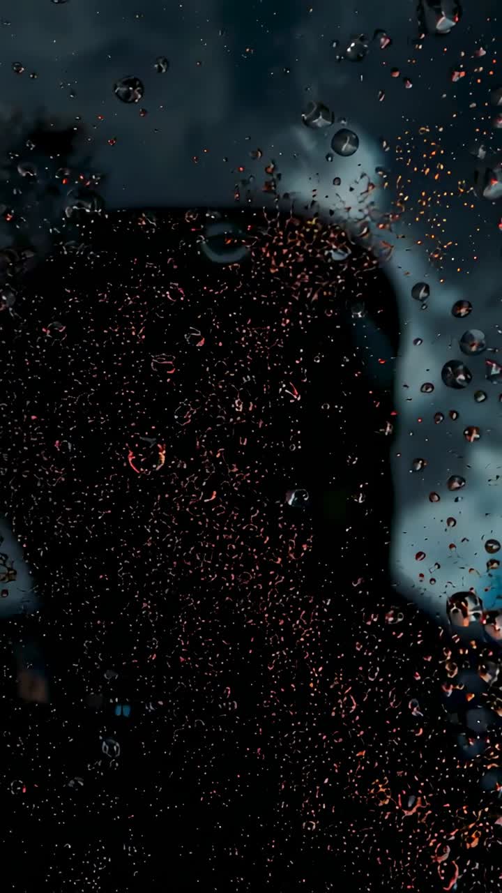 Vertical video: Shifting water droplets on glass pane at window, reflecting silhouette in rain
