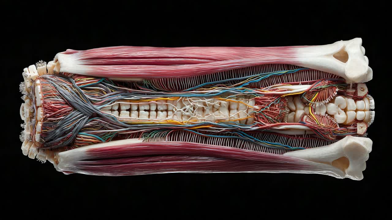 Sezione trasversale anatomica dettagliata della muscolatura e del sistema nervoso umano, che evidenzia le complesse interazioni tra muscoli, nervi e strutture ossee a scopo didattico