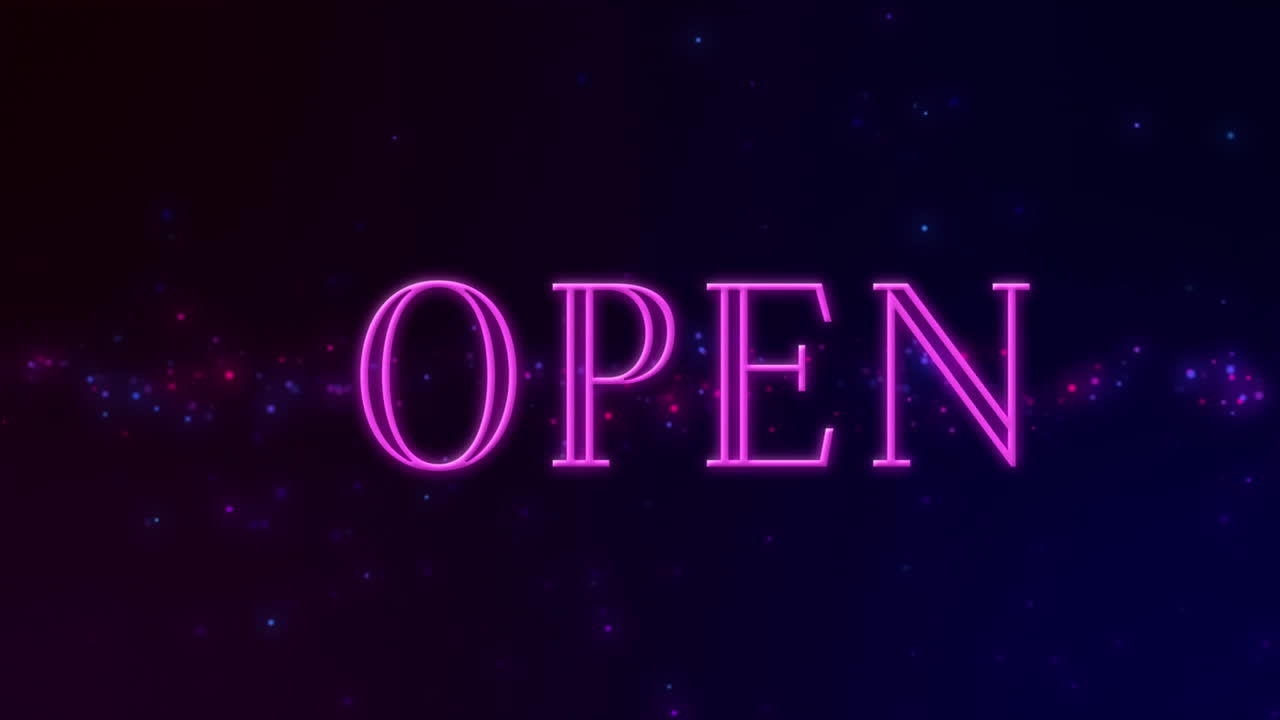 Animation of neon open text banner over glowing blue and pink light spots on black background