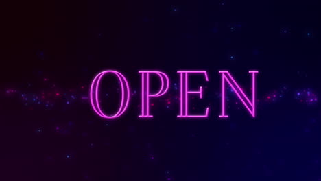animación de un banner de texto abierto de neón sobre manchas de luz azul y rosa brillantes sobre fondo negro