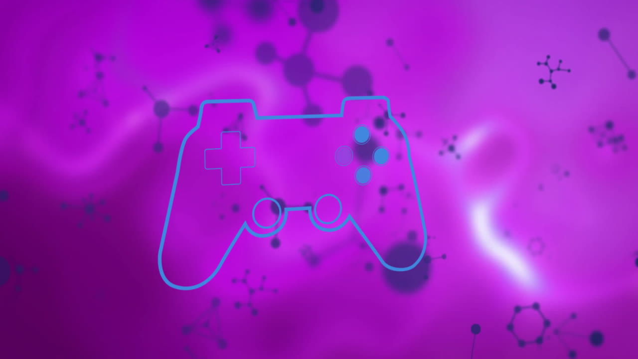 Game controller outline over purple background with molecular pattern animation