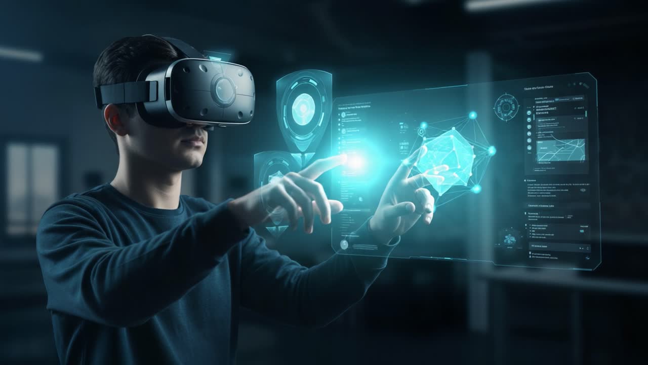 Exploring Virtual Reality: A User Engaged in Interactive Data Manipulation with Advanced Headset Technology and Immersive Digital Interfaces