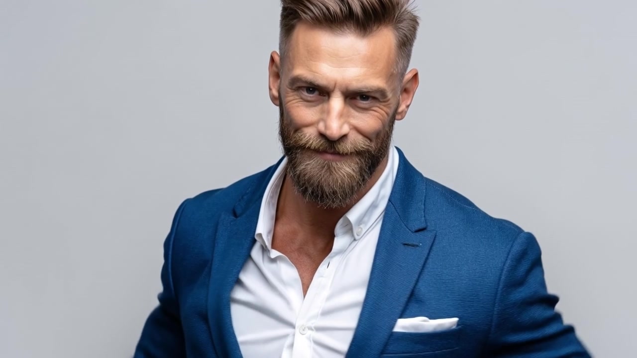 Zelfverzekerde volwassen man met een baard, gekleed in een marineblauwe blazer en een wit overhemd, kijkend naar de camera