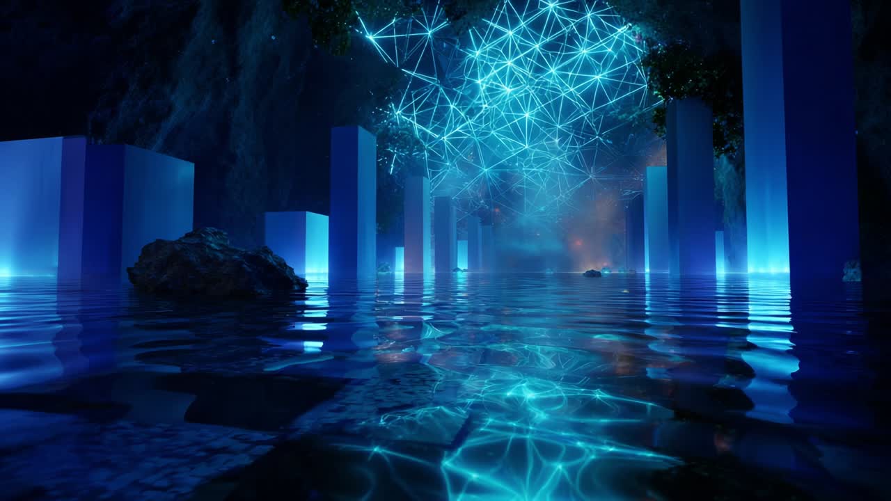 A captivating digital landscape showcases a serene body of water reflecting glowing blue pillars and intricate geometric patterns of light above, creating a mesmerizing and immersive visual experience