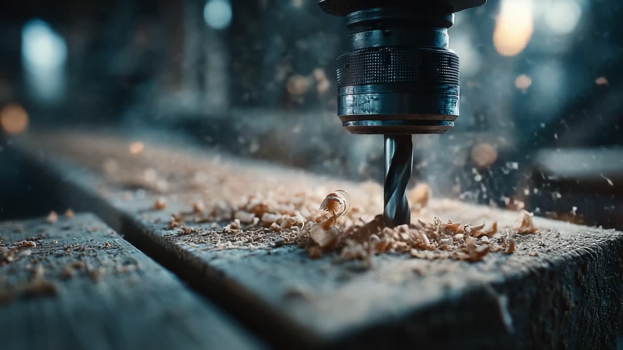 Primo Piano di una Punta da Trapano ad Alta Velocità che Lavora il Legno, Catturando la Precisione e l'Azione di Scheggiatura nelle Tecniche Artigianali e di Falegnameria