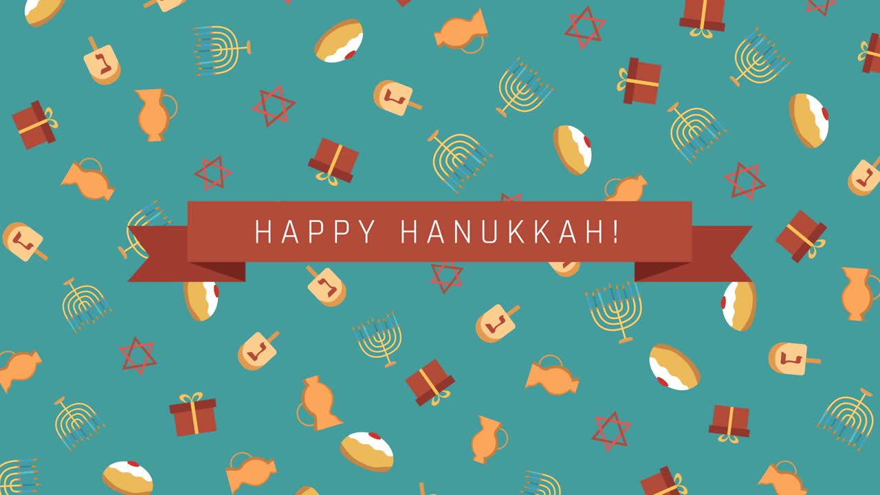 하누카 휴가 플래트 디자인 애니메이션 배경과 전통적인 기호와 영어 텍스트