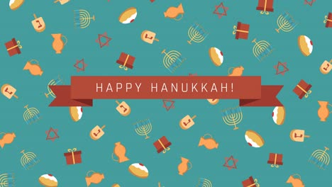 fondo de animación de diseño plano de vacaciones de hanukkah con símbolos tradicionales y texto en inglés