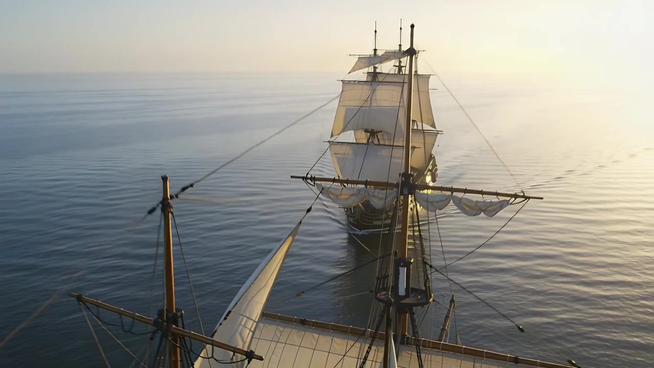 Telecamera che si solleva rivelando una nave in scia in mare, mostrando le vele quadre e il bompresso