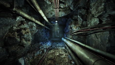 dark underground bunker passage with pipes and rock walls during exploration