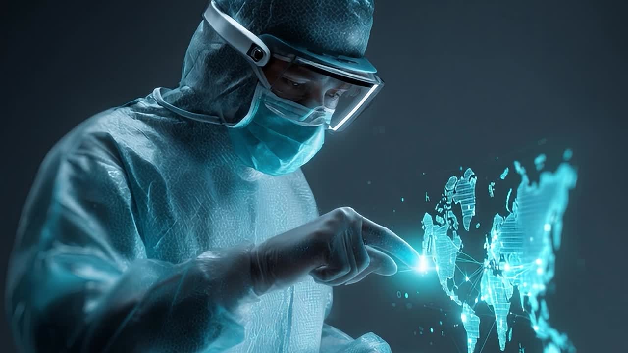 Profissional de saúde interage com dados digitais de saúde em um laboratório.