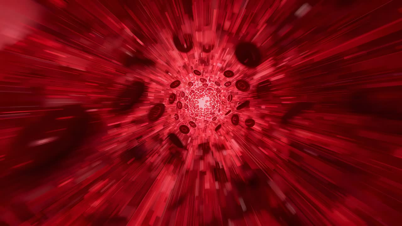 Camera che inizia a muoversi attraverso un vaso sanguigno con globuli rossi verso il lume luminoso, mostrando il flusso