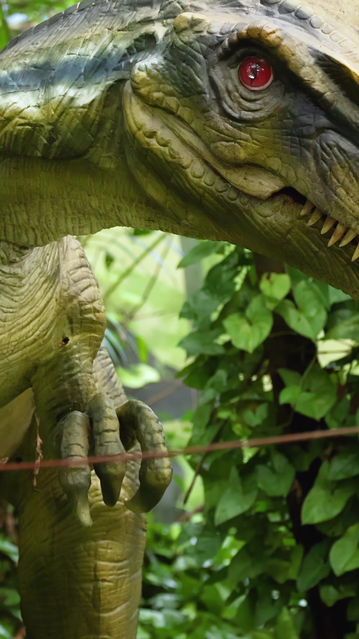 Un dinosauro raptor animatronico realistico si muove dietro un segnale di avvertimento di alta tensione in un lussureggiante parco verde all'aperto con luce naturale.