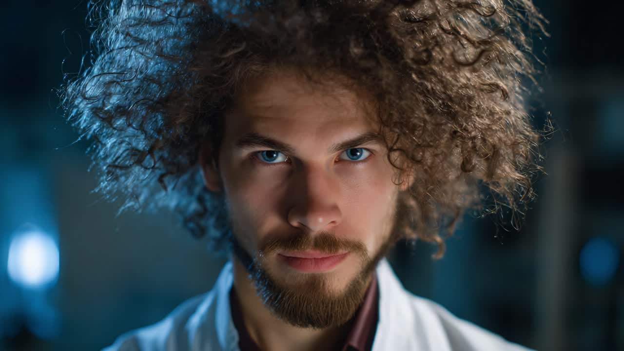 En fokuseret, ung videnskabsmand med krøllet hår og et intenst blik, der udviser en passioneret adfærd, klar til at udforske nye videnskabelige udfordringer i et svagt oplyst laboratorium