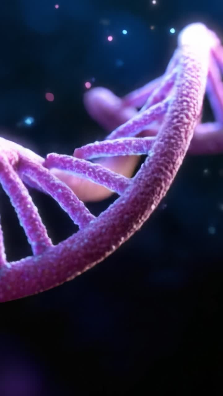 Intricata struttura molecolare: una straordinaria visualizzazione dell'elica del DNA con colori vibranti e particelle che illuminano lo sfondo, mostrando la complessità genetica