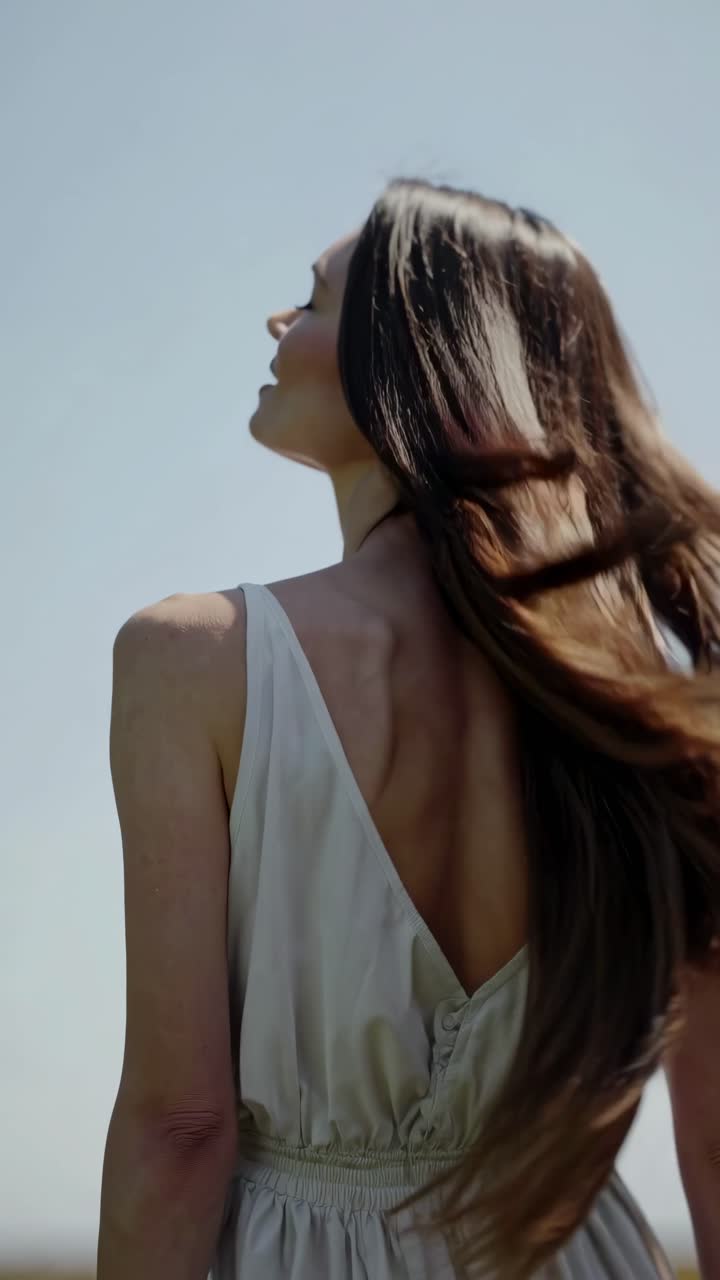 Mujer joven caminando en un campo soleado con su largo cabello ondeando